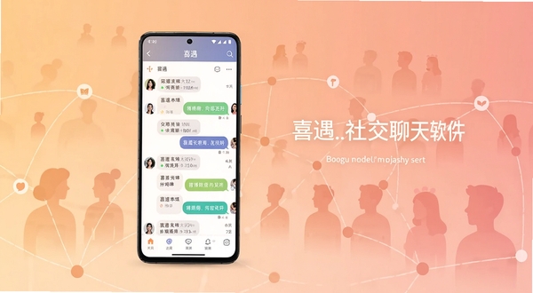 整体展示喜遇社交聊天软件的核心界面与品牌形象,画面主体为一部竖屏安卓手机位于正中央偏左位置,屏幕内呈现喜遇的聊天列表与消息气泡界面,背景区域为柔和的暖色调渐变,点缀抽象的人群剪影与连接线符号,整体风格清新现代,突出社交连接的氛围,适配Boogu模型生成