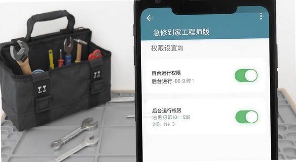急修到家工程师版在安卓手机上的权限设置界面示意图,画面主体为手机屏幕显示自启动与后台运行权限开关,背景为浅灰色工作台与工具包,风格简洁实用