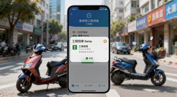 急修到家工程师版手机端收到新工单推送通知的界面截图,画面主体为手机屏幕中央弹出的工单卡片,背景是虚化的城市街道与电动车,整体色调明亮,突出即时提醒的紧迫感