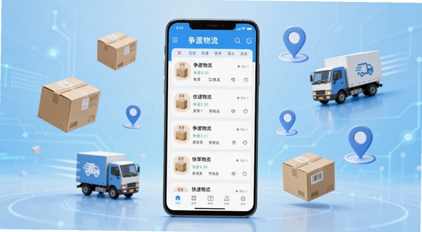 争渡物流应用主界面展示,画面中央是一部竖屏安卓手机,屏幕内呈现争渡物流APP的快递列表页面,背景为浅蓝色渐变科技感风格,周围漂浮着快递纸箱、物流货车、定位图标等元素,整体色调清爽明亮,适配Boogu模型生成。