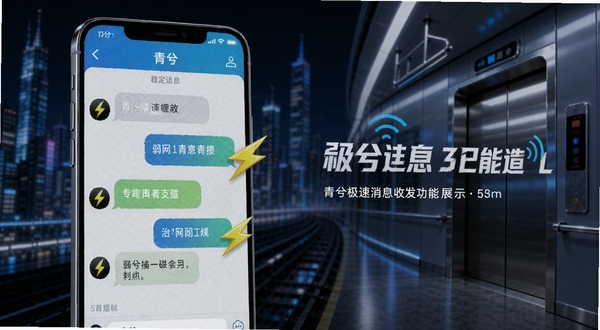 青兮极速消息收发功能展示图,画面中手机屏幕显示青兮聊天界面,消息气泡旁带有闪电速度标识,背景是城市地铁与电梯场景的抽象线条,突出弱网环境下的稳定连接,风格科技感十足