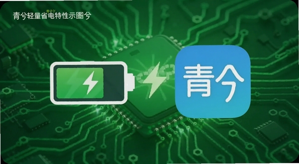 青兮轻量省电特性示意图,画面展示手机电池图标与青兮应用图标并列,背景是绿色节能主题的抽象电路纹理,强调低功耗与长续航,适配Boogu模型生成