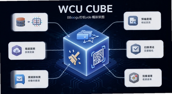 WCU CUBE ���ܾۺϸ���ͼ������������һ������������壬���������ֱ���ʾ�ļ������硢��������ά���ͼ�꣬������ϸ�����ӵ���ͬ���߿�Ƭ������Ϊ����ɫ�Ƽ��н��䣬ͻ�� WCU CUBE �������ƣ��ʺ� Boogu ģ������