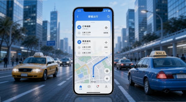 摩登出行APP首页界面展示,画面中央是手机屏幕显示订单列表与地图导航,背景为城市道路与出租车元素,整体色调为蓝白渐变,科技感与出行场景融合,高清渲染风格