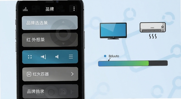 红外万能遥控器手机应用界面截图,显示品牌选择列表和智能匹配进度条,画面中有电视和空调图标,背景为淡蓝色渐变,科技感十足,图标清晰
