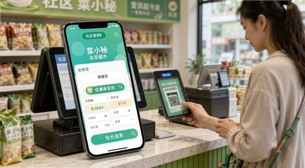 菜小秘会员营销功能界面,手机屏幕展示会员储值页面与优惠券发放列表,界面色彩清新,背景为社区超市收银台,有顾客正在扫码,生活化场景,高清渲染
