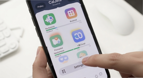 CalJimi应用时长管控界面预览图,画面展示手机屏幕中多个应用图标下方标注剩余可用时间进度条,一只手正点击设置按钮,背景为干净白色桌面环境,细节清晰,适配Boogu模型生成