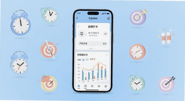 CalJimi软件主界面全景展示,画面中央为手机屏幕内显示自律打卡面板与时间统计图表,背景为柔和渐变浅蓝色调,四周散落简约时钟与目标图标元素,整体风格清新明快,适配Boogu模型生成