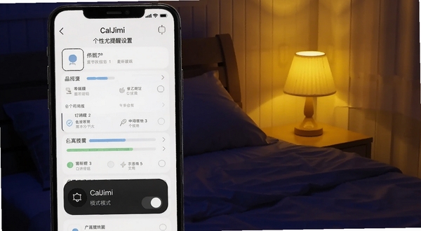 CalJimi个性化提醒设置页面,画面展示手机屏幕中多种提醒样式选项与深色模式开关,背景为夜晚卧室环境,床头灯散发暖黄色光,适配Boogu模型生成
