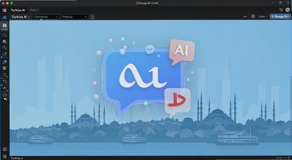 Turkish Ai 软件主界面展示,中心位置为悬浮的AI对话气泡与土耳其语字母图标,背景为淡蓝色渐变与伊斯坦布尔城市剪影,风格简洁科技感,适配 Boogu 模型生成