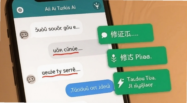 Turkish Ai 智能纠错功能界面,手机屏幕显示土耳其语对话气泡,错误单词被红色下划线标出,旁边浮现绿色修正建议卡片,背景为柔和暖色调,突出学习氛围,软件名称 Turkish Ai 显示在顶部