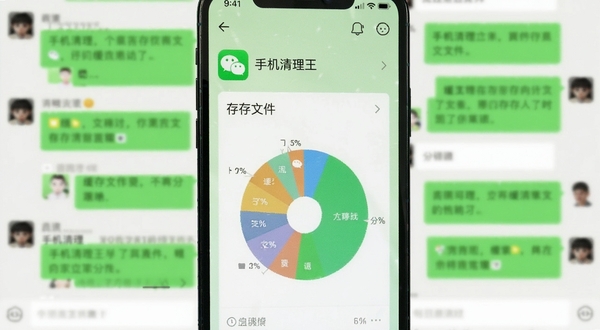 手机清理王微信专清功能界面 手机屏幕显示微信图标和缓存文件分类饼状图 背景为清新浅绿色 画面主体位于正中央 背景区域为虚化的聊天对话框