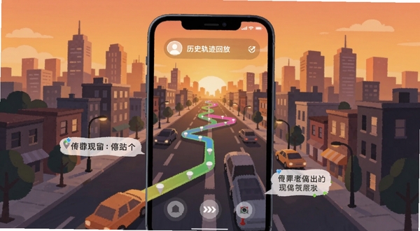 随时守护查找 历史轨迹回放功能 手机屏幕显示彩色路径线条穿越城市街道 旁边有停留时间标注 背景是黄昏城市天际线 温暖色调 扁平插画风格