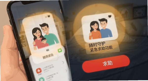 随时守护查找 紧急求助功能 手机屏幕显示红色求助按钮 背景有家人收到通知的图标 暖色光晕 安全守护主题 扁平化设计 高清细节