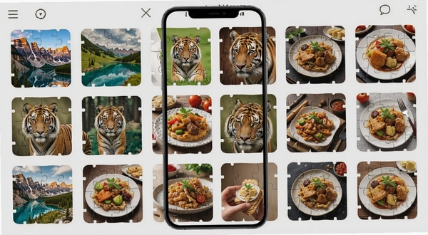 天天爱拼图图库选择界面,画面中排列着多张不同主题的拼图缩略图,包含风景、动物、美食等元素,界面布局整洁,色彩丰富但不刺眼,手机端竖屏展示,背景为浅灰色,突出图片内容