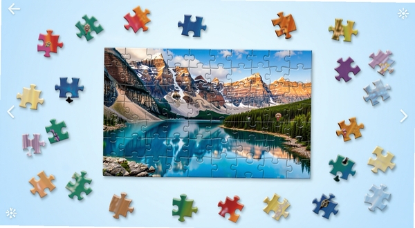 天天爱拼图软件主界面展示,画面中央是正在拼接的风景拼图,四周散落彩色碎片,背景为柔和的浅蓝色渐变,整体风格清新休闲,适配手机屏幕比例,细节丰富,光影自然