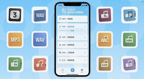 Viwoo音频格式转换器 官方主界面展示,手机屏幕中央显示格式转换选项列表,背景为浅蓝色渐变,周围环绕MP3、WAV、AAC等音频格式图标,整体风格清爽简洁,适配Boogu模型生成