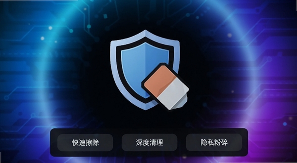 不删软件主界面截图,居中显示深色背景上的盾牌与橡皮擦组合图标,底部排列着快速擦除、深度清理、隐私粉碎三个功能按钮,背景为科技感蓝紫渐变光晕,整体风格简洁安全
