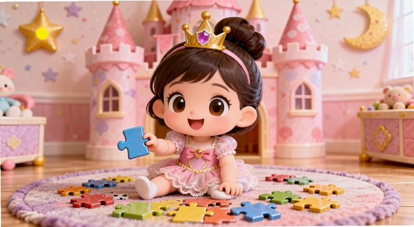 整体画面以一位可爱的小公主宝宝坐在粉色城堡前的地毯上拼图为核心主体,公主宝宝位于画面中央偏左,右手拿着一块拼图碎片,周围散落着五颜六色的拼图块,背景是柔和的粉色城堡房间,墙上挂着星星和月亮装饰,地面铺着淡紫色地毯,整体色调温暖明亮,卡通Q版风格,适合儿童启蒙软件宣传图