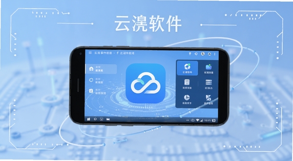 云软件主界面全貌展示,画面中央为云应用图标与功能面板,背景为浅蓝色渐变科技风格,四周环绕简洁线条装饰,突出云品牌名称与安卓手机运行场景