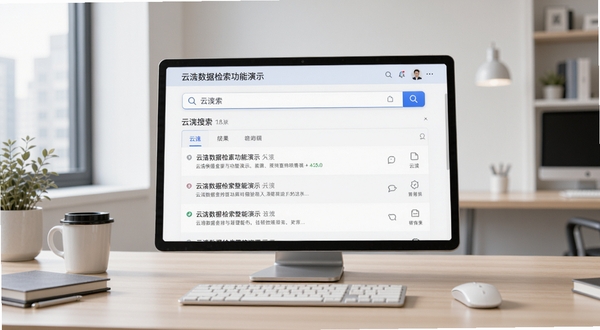 云数据检索功能演示,画面中央为云搜索框与结果列表,背景为简洁办公桌面,体现云快速查找与整理能力