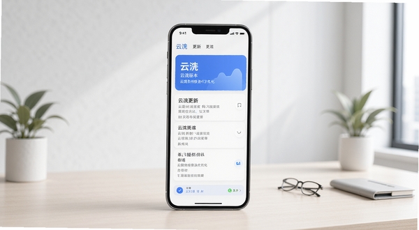 云更新日志展示图,画面为手机屏幕显示云版本更新内容列表,背景为简约浅色办公环境,体现云持续迭代优化