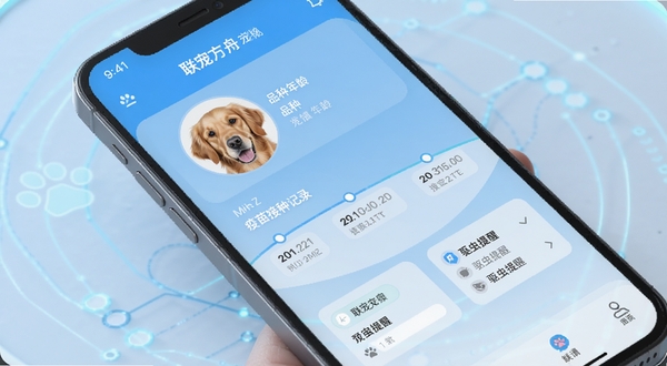 展示联宠方舟宠物电子档案管理功能界面,手机屏幕特写显示一只金毛犬的详细档案页面,包含头像、品种年龄信息、疫苗接种记录时间轴与驱虫提醒卡片,背景为浅蓝色渐变科技感风格,界面元素清晰有序,突出联宠方舟在宠物健康数据管理方面的专业与便捷