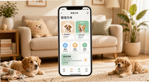 整体展示联宠方舟应用的核心界面全貌,画面主体为一部智能手机居中放置,屏幕显示联宠方舟首页布局包括宠物档案卡片、服务入口图标与健康提醒模块,背景区域为柔和暖色调的居家客厅环境,宠物用品与绿植点缀四周,整体风格温馨明亮,突出联宠方舟的功能丰富性与易用性