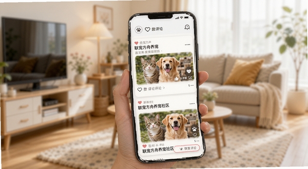 展示联宠方舟养宠社区互动界面,手机屏幕呈现信息流动态列表,包含猫咪与狗狗的图文帖子、点赞评论按钮与话题标签,背景为明亮温馨的居家环境虚化处理,整体氛围轻松友好,突出联宠方舟社区的活跃与温暖