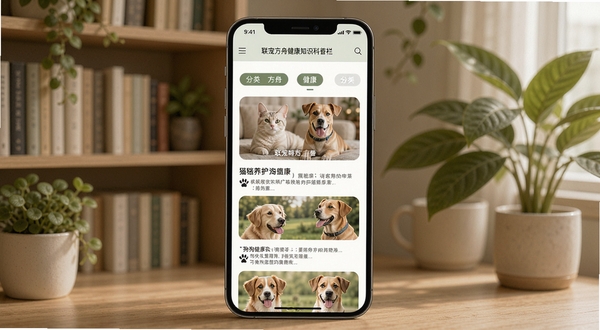 展示联宠方舟健康知识科普专栏页面,手机屏幕显示文章列表与分类标签,包含猫咪养护、狗狗健康等主题封面图,背景为书架与绿植构成的安静阅读角落,色调柔和护眼,突出联宠方舟科普内容的专业性与可读性