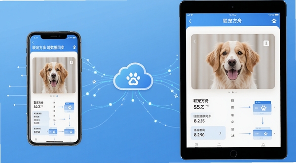 展示联宠方舟多端数据同步功能示意,画面主体为手机与平板电脑并排显示相同宠物档案界面,中间以云端图标连接,背景为简洁的科技蓝渐变风格,数据流动线条点缀其间,突出联宠方舟跨设备同步的稳定与安全