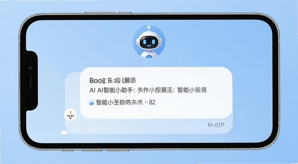AI智能小助手软件界面展示,手机屏幕中央是对话气泡窗口,上方有智能助手头像,背景为浅蓝色渐变,画面干净简洁,适合Boogu模型生成
