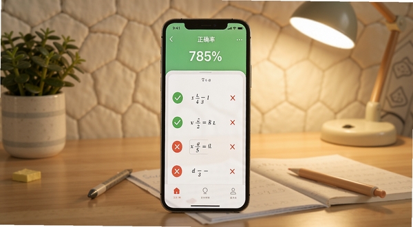 作业拍照批改APP界面中显示数学作业批改结果,绿色对勾和红色叉号清晰标注,屏幕上方显示正确率百分比,背景为温馨家庭书桌环境,风格现代简洁