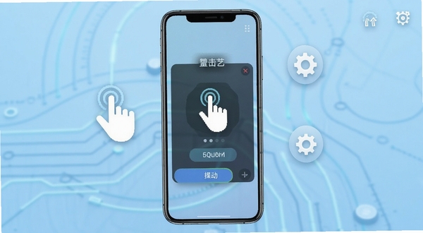 免费自动连点点击器软件主界面全貌展示,画面中心为手机屏幕显示连点器操作面板,背景为浅蓝色渐变科技风格,悬浮着点击手势图标和齿轮设置图标,整体简洁清爽