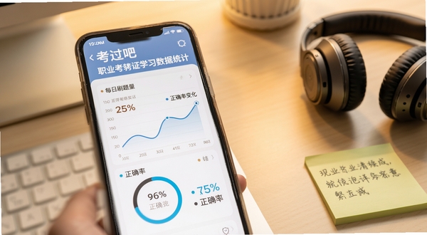 考过吧职业考证学习数据统计页面,手机屏幕显示折线图与环形进度条,展示每日刷题量与正确率变化,背景为柔和暖色办公桌面,旁边放着耳机与便签纸,整体氛围专注而轻松