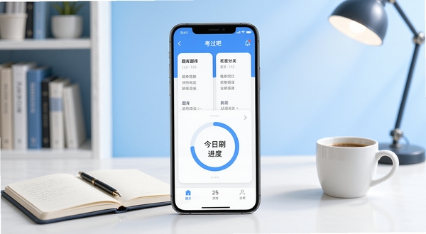 考过吧职业考证应用主界面全景展示,画面中央为手机屏幕正视图,屏幕内显示题库分类卡片与今日刷题进度环,背景区域为浅蓝色渐变书房环境,桌面上摆放笔记本与咖啡杯,整体色调清新明亮,突出学习备考氛围