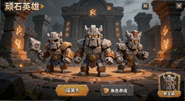顽石英雄游戏主界面全景图,画面中央是三位石头质感的英雄角色呈三角站位,背景是神秘的古代石头遗迹和发光符文,整体色调以暖橙色和深灰色为主,画面下方有闯关按钮和角色养成入口,画风为卡通渲染风格,细节丰富,适合手机游戏宣传图
