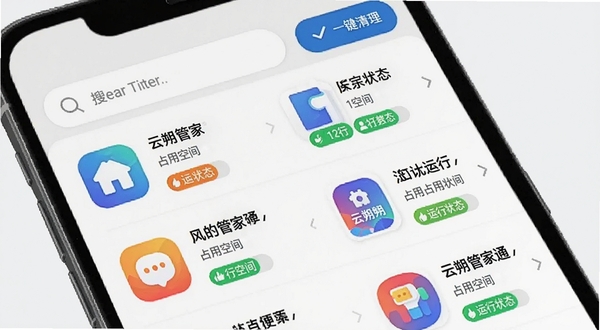云朔管家通应用管理界面,手机屏幕展示应用列表,每个应用显示名称、占用空间和运行状态标签,顶部有搜索框和一键清理按钮,界面为淡灰色背景,图标色彩鲜明