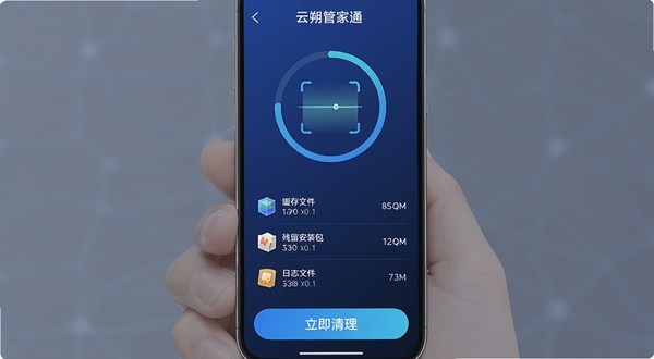 云朔管家通一键清理功能界面,手机屏幕中央显示圆形扫描进度条,下方列出缓存文件、残留安装包、日志文件等垃圾类型及对应大小,底部为醒目的立即清理按钮,背景为深蓝色渐变