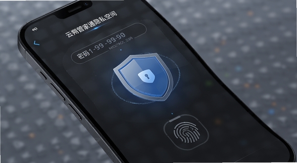 云朔管家通隐私空间界面,手机屏幕显示密码输入框和指纹识别图标,背景为深色磨砂质感,中央有盾牌形状的安全图标,整体氛围安全可靠