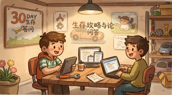 车库30天生存玩家问答与攻略讨论场景的温馨插画