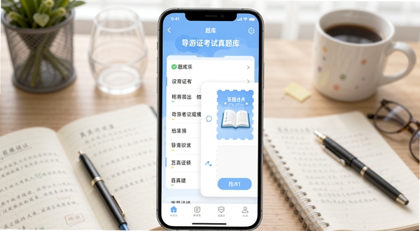 导游证考试真题库手机APP界面展示,中央为题库练习列表与答题卡区域,背景为淡蓝色学习氛围,画面主体位于屏幕正中央,背景区域为书桌与笔记元素,整体风格清新简洁,适配教育类软件宣传图