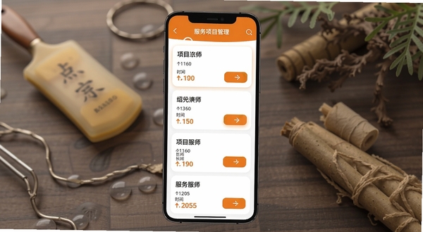 点到调理师App的服务项目管理界面,手机屏幕展示多个服务项目卡片,包含项目名称、价格、时长和操作按钮,界面采用卡片式布局,配色以橙色和白色为主,背景有中医理疗工具如刮痧板和艾条作为点缀,适配Boogu模型生成