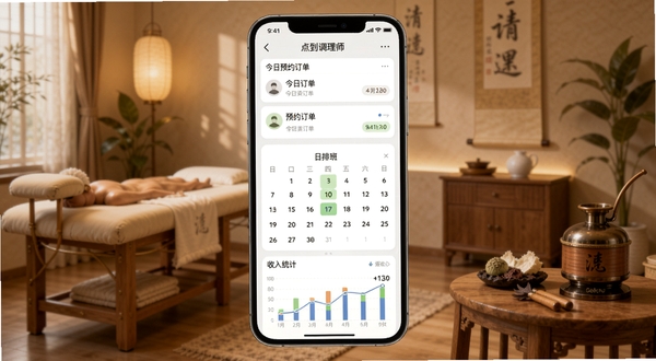 一款名为点到调理师的手机应用界面展示,画面中央是调理师接单管理主界面,上方显示今日预约订单列表,中部为日历排班模块,底部为收入统计图表,背景为温馨的暖色调中医理疗馆环境,有推拿床和艾灸器具作为点缀,整体风格专业简洁,适配Boogu模型生成
