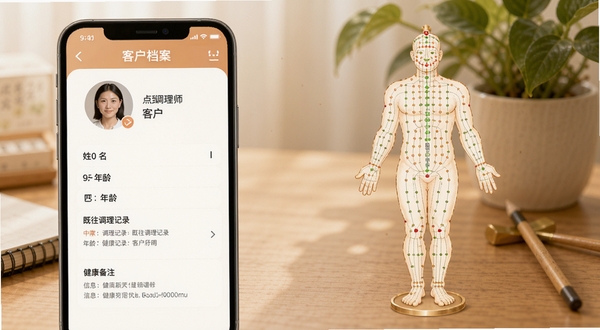 点到调理师App的客户档案页面展示,画面中手机屏幕显示客户头像、姓名、年龄、既往调理记录和健康备注信息,旁边有中医人体经络图作为装饰元素,整体色调柔和温暖,背景为木质书桌和绿植,适配Boogu模型生成