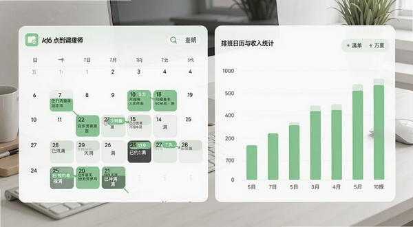点到调理师App的排班日历与收入统计界面,左侧为月历视图标注了可接单和已约满的日期,右侧为柱状图展示近七日收入变化,整体采用浅绿色与白色搭配的清新风格,背景为简约办公桌面,适配Boogu模型生成