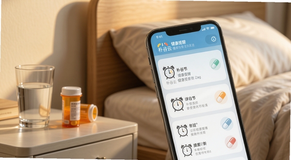 一部手机显示朴谷云的健康提醒设置页面,屏幕上有多个闹钟图标和药丸图标,背景是清晨的卧室场景,床头柜上放着水杯和药瓶,手机屏幕亮起显示提醒通知,氛围安静温馨。