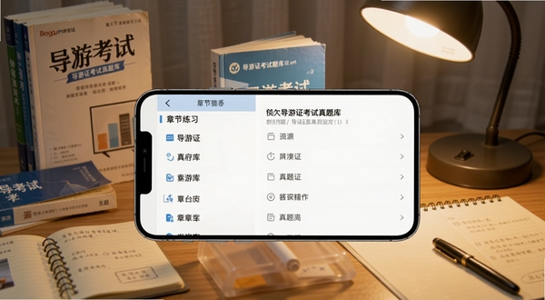 画面中央放置一部智能手机,屏幕显示导游证考试真题库的刷题界面,左侧为章节练习列表,右侧为题目与选项区域,背景为书桌场景,桌上散落导游考试教材与笔记本,暖色调台灯光线,整体风格简洁清晰,适配Boogu模型生成|导游证考试真题库预览图