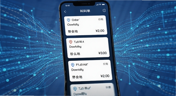 一键叫车司机端智能派单界面,手机屏幕显示多个订单卡片,卡片上有距离、目的地和价格信息,背景为抽象数据流线条,体现智能算法匹配,画面色调为蓝色科技感