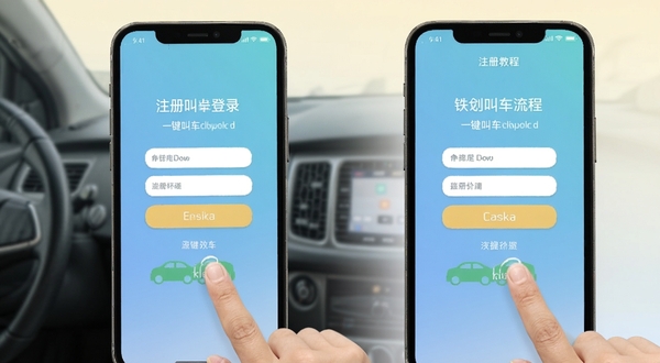一键叫车司机端使用教程示意图,手机屏幕展示注册登录流程,画面中有手指点击按钮的动作,背景为浅色渐变,风格清新易读